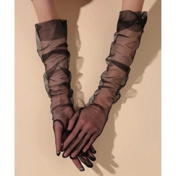 BLACK Mesh Long Opera Ruched Over The Elbow Gloves NEW - Picture 1 of 6